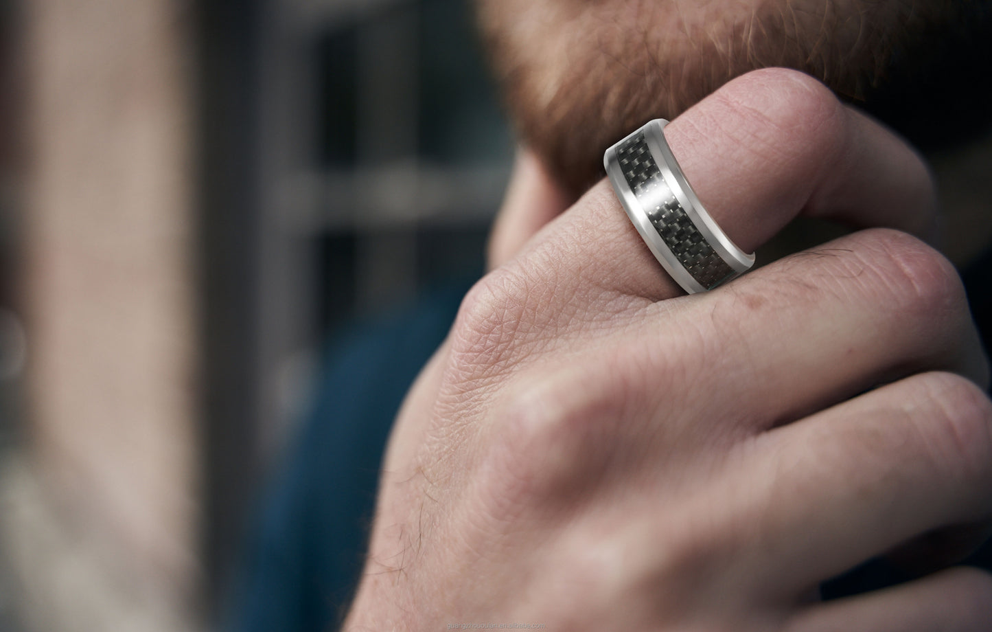 Black Carbon Fiber Inlay Beveled Edges Ring