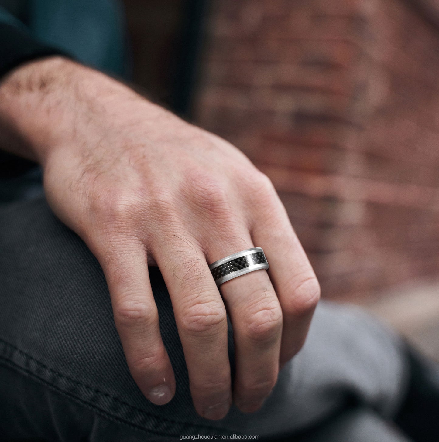 Black Carbon Fiber Inlay Beveled Edges Ring