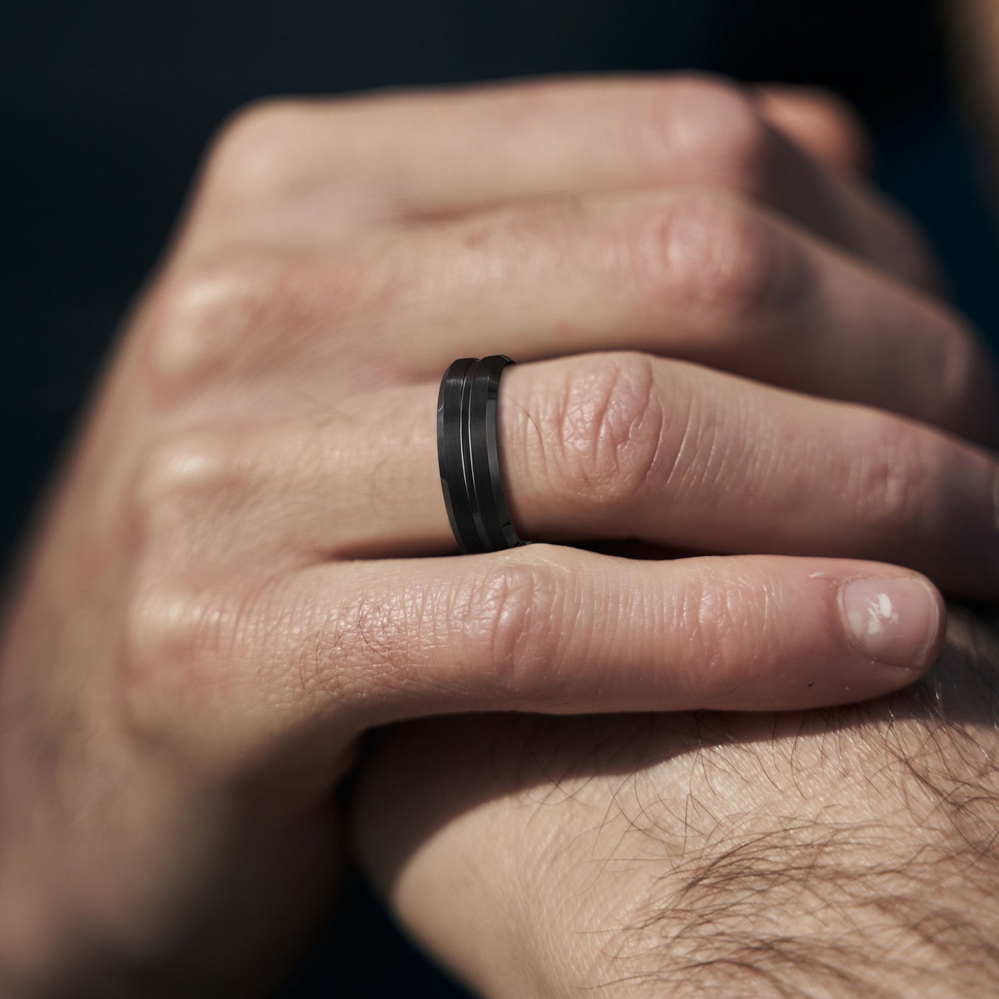 Beveled Edges Band Black Sandstone Inlay Ring
