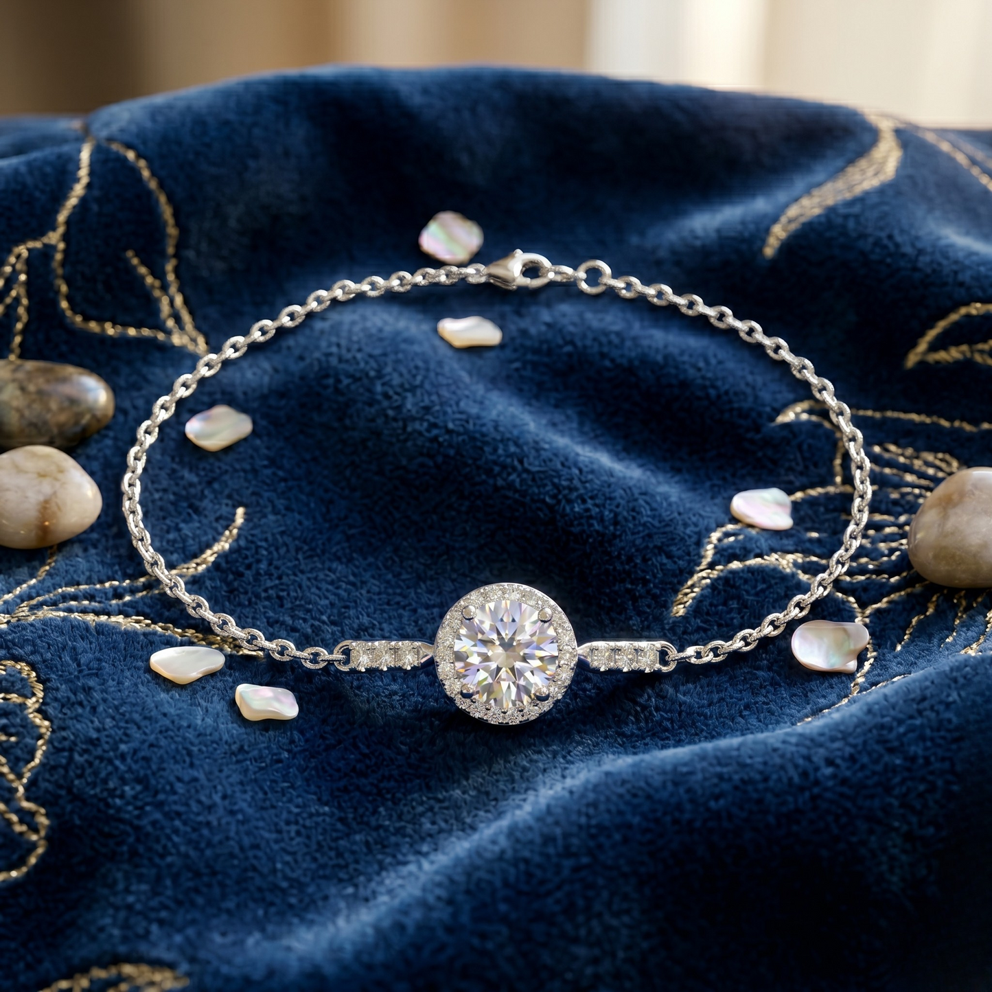Side profile highlighting the delicate chain design and high-polish rhodium plated finish of this luxury sterling silver bracelet.
