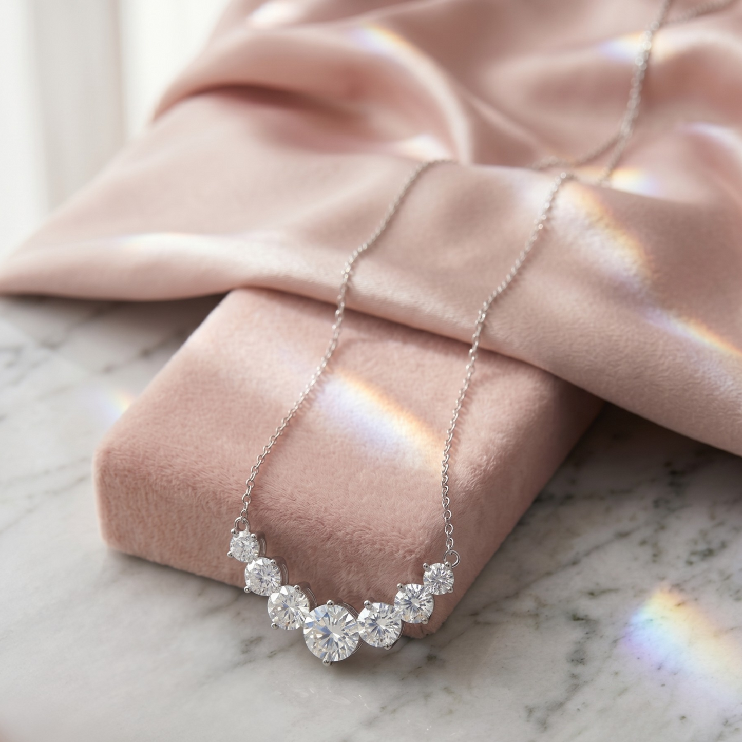 Stylish sterling silver jewelry piece ideal for gifting — the Sanya double circle silver necklace with zircon stones and rhodium finish.