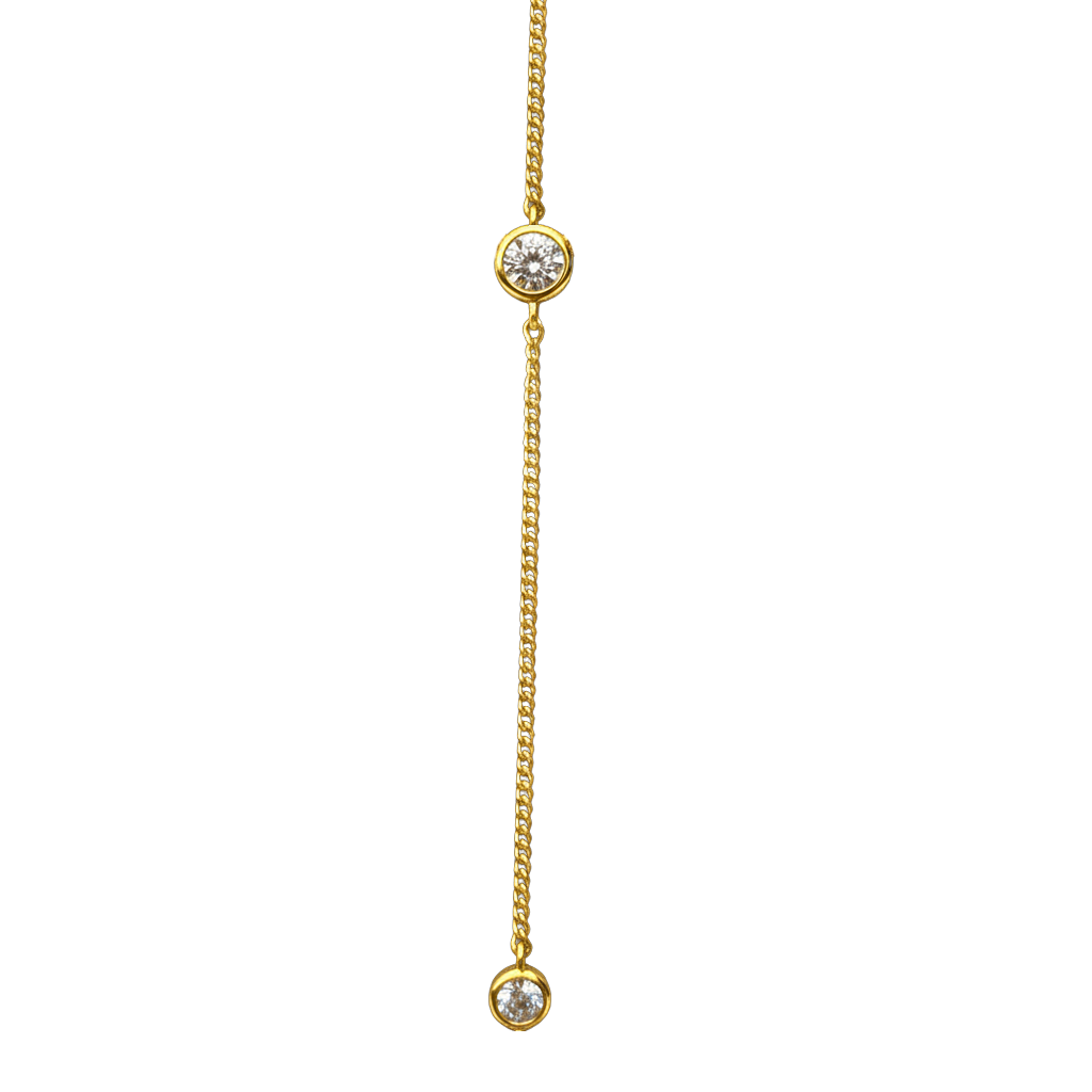 Minimalist lariat style Angela necklace made of sterling silver with 14k gold plating and sparkling zircon stones jewelry.