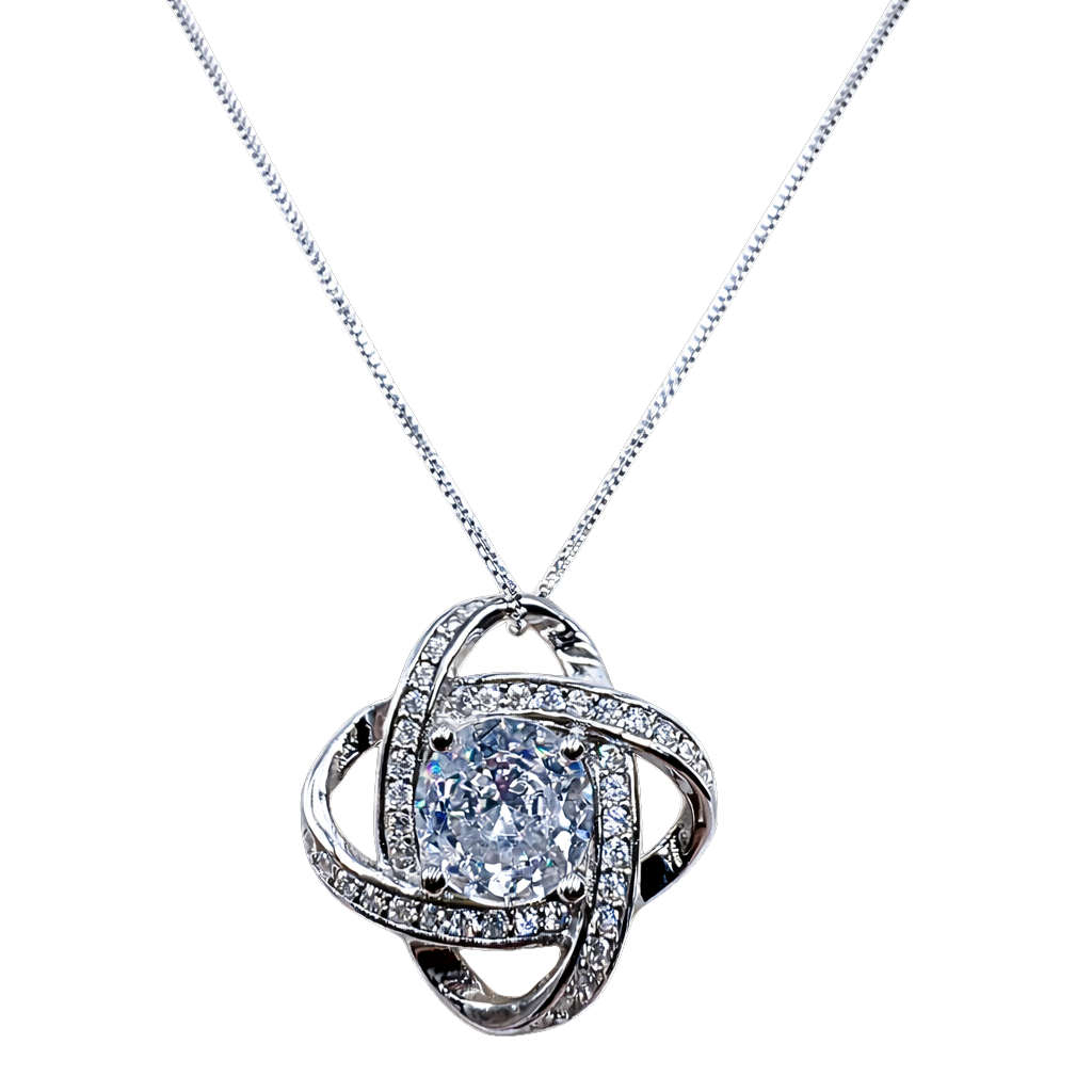 Close-up detail of Ariel sterling silver necklace showing the intricate rhodium plated pendant design and sparkling zircon centerpiece.