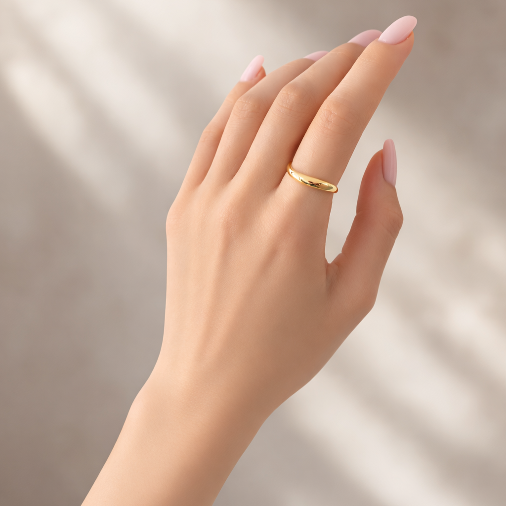 Lifestyle shot of Aya Ring worn on hand to emphasize everyday elegance and modern minimalism.