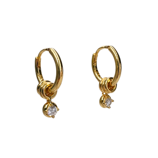Front view of Barbara S925 sterling silver hoop earrings with 18K gold plated finish, featuring a knot detail and elegant zircon drop.