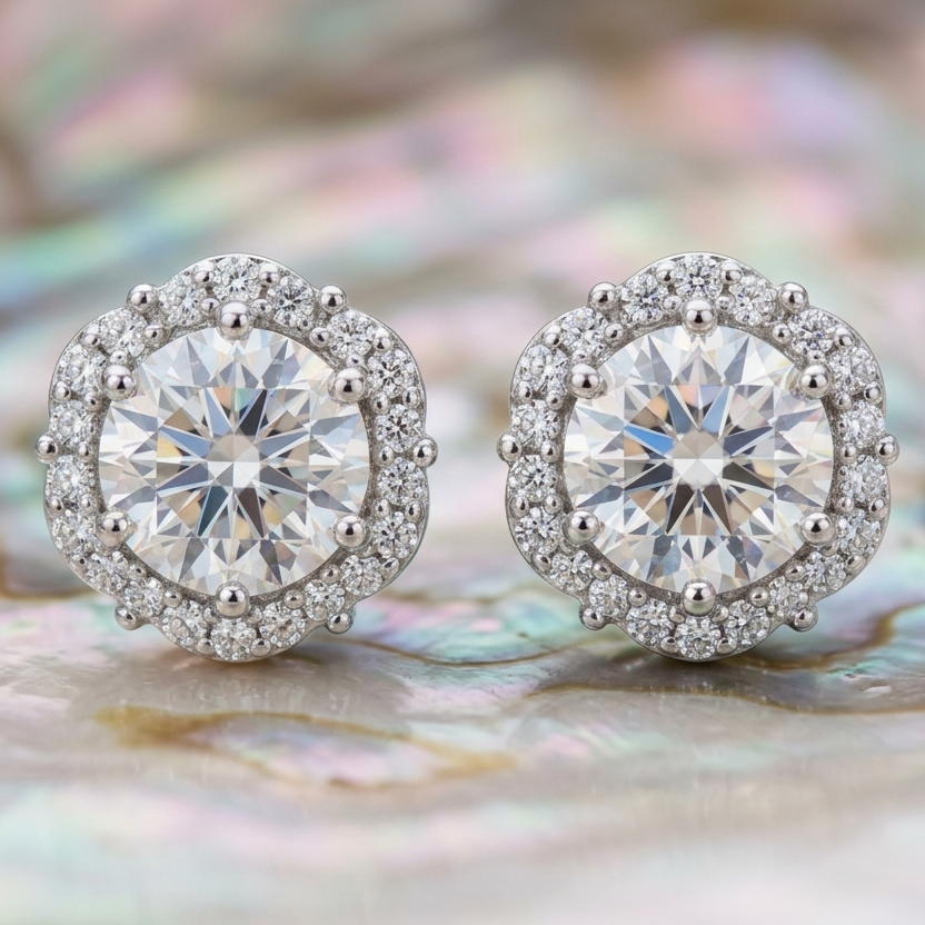 Evie 1 carat moissanite halo stud earrings crafted in S925 sterling silver with rhodium plated finish, featuring D color VVS1 moissanite and timeless lab grown diamond brilliance.