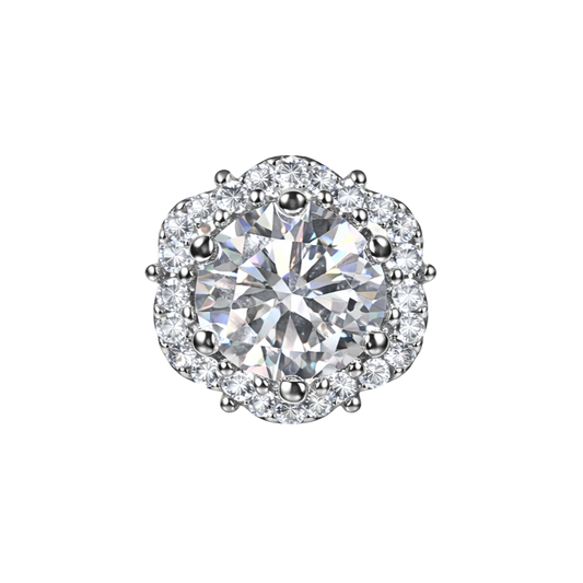 Close-up of Evie silver earrings showing halo setting, VVS1 moissanite stone and precision cut sparkle in fine jewelry design.