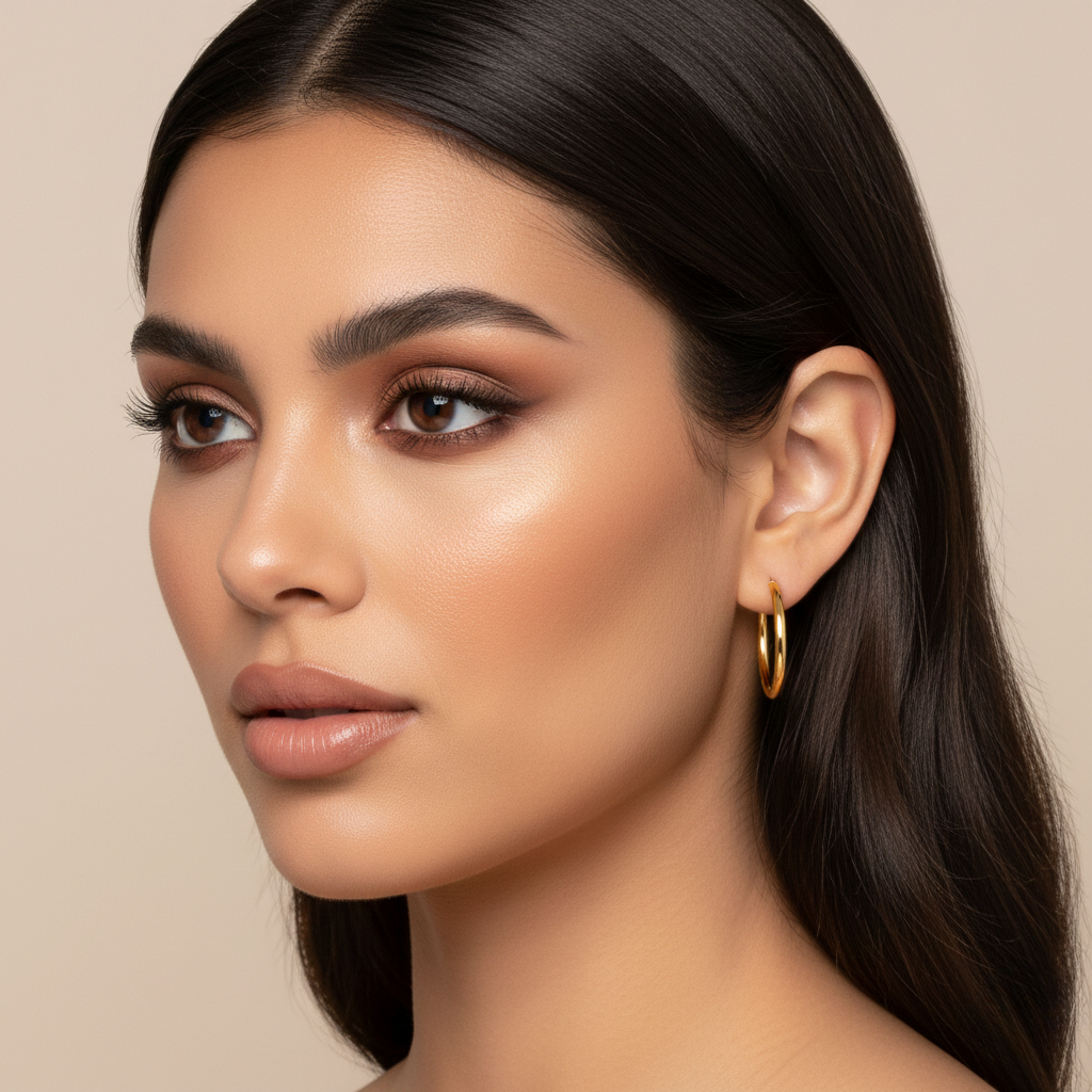 Pair view of Olivia classic sterling silver hoop earrings in gold finish, showcasing their timeless everyday elegance.