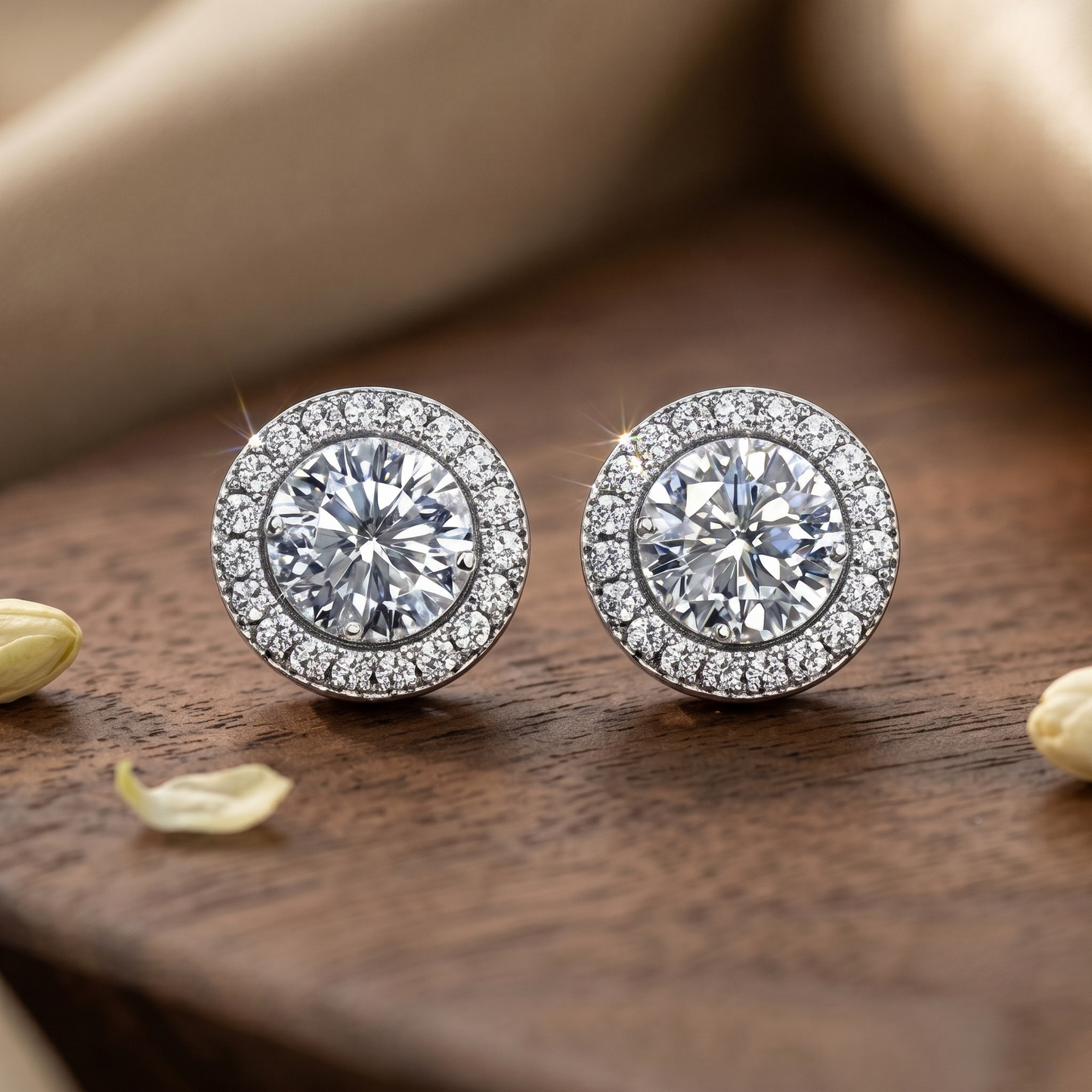 GRA certified 0.5 CT round brilliant moissanite stud earrings set in sterling silver S925 with shimmering halo stones.