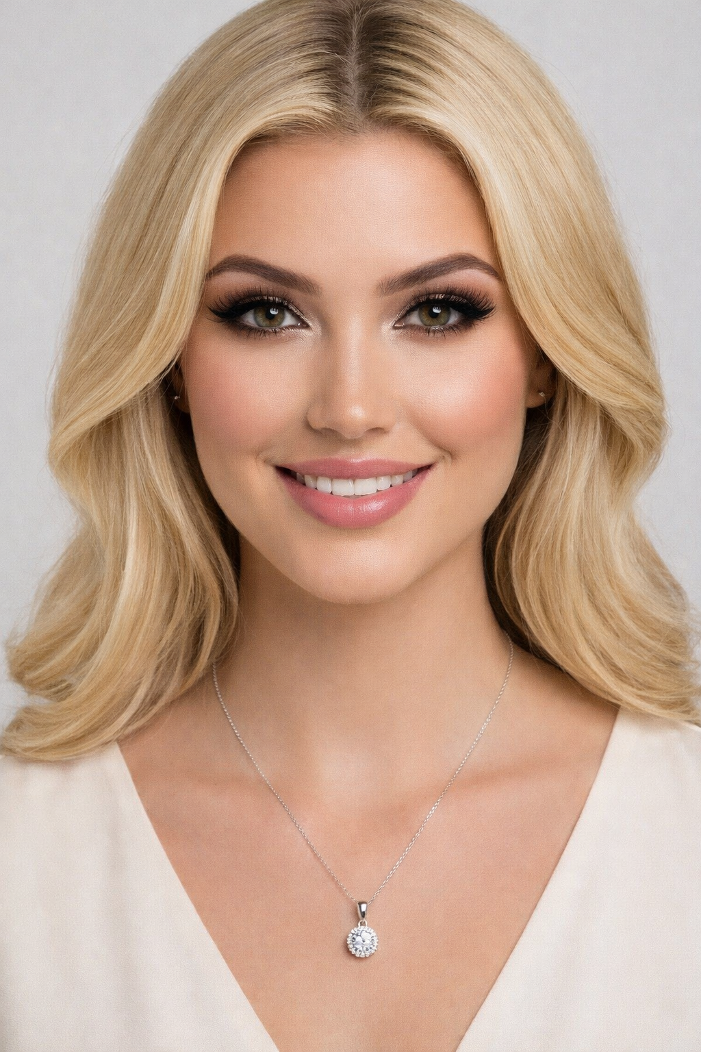 Detail of rhodium plated sterling silver chain of Sandra necklace, hypoallergenic and tarnish resistant jewelry.