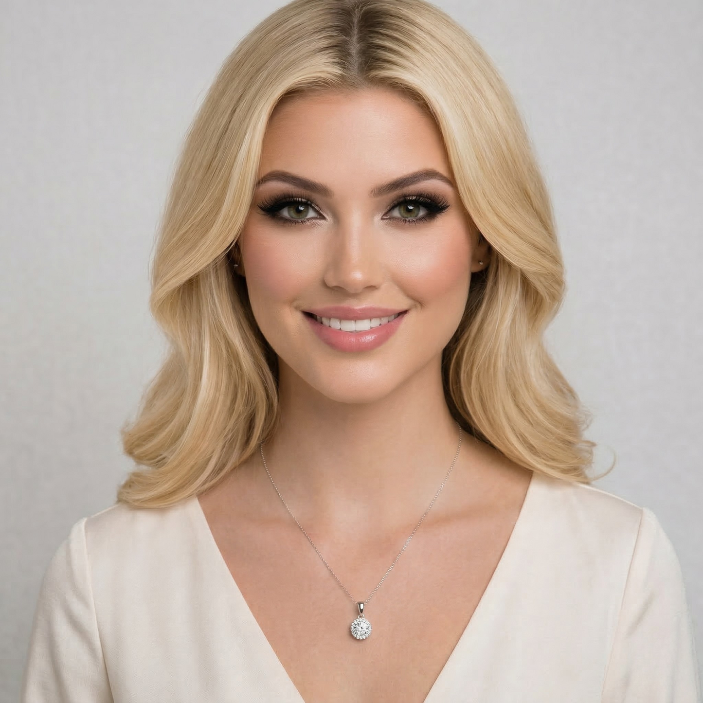 Detail of rhodium plated sterling silver chain of Sandra necklace, hypoallergenic and tarnish resistant jewelry.