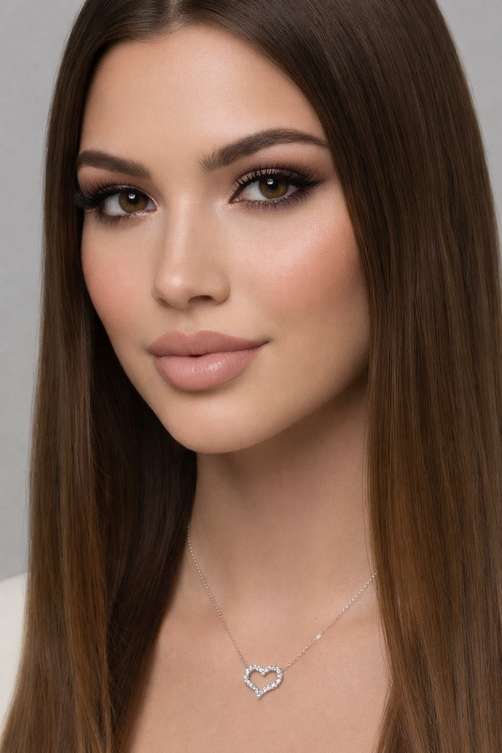 Detailed view of sterling silver chain and rhodium plated finish paired with pavé moissanite heart pendant.