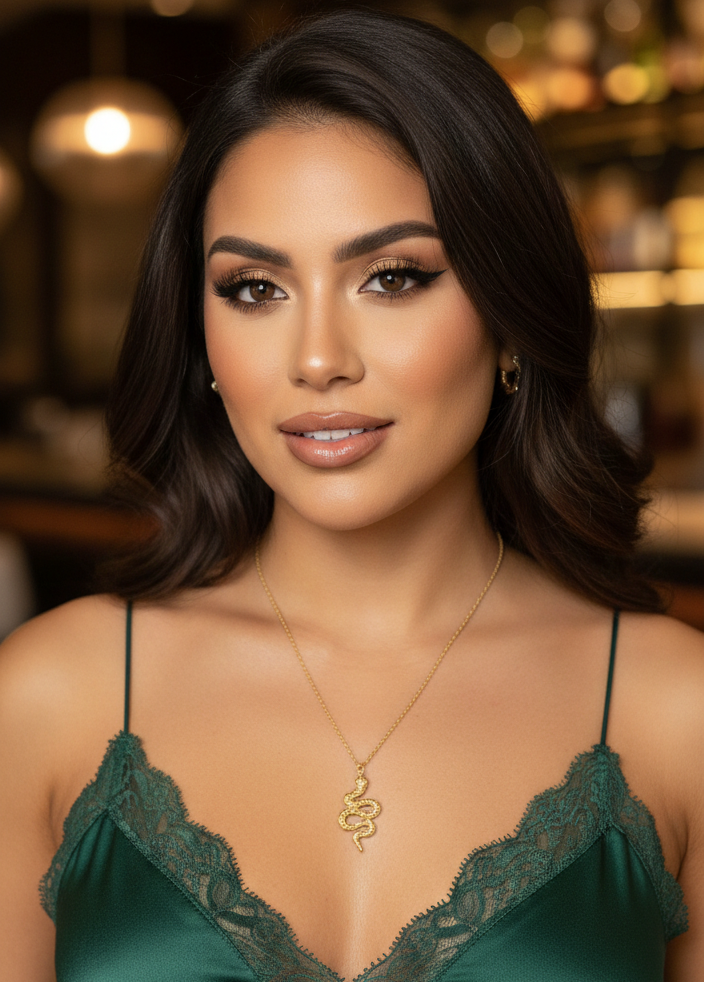 Full-length view of the Serpentina snake necklace crafted from sterling silver with 18K gold plating and zircon details, showcasing the elongated chain and elegant serpent pendant design.