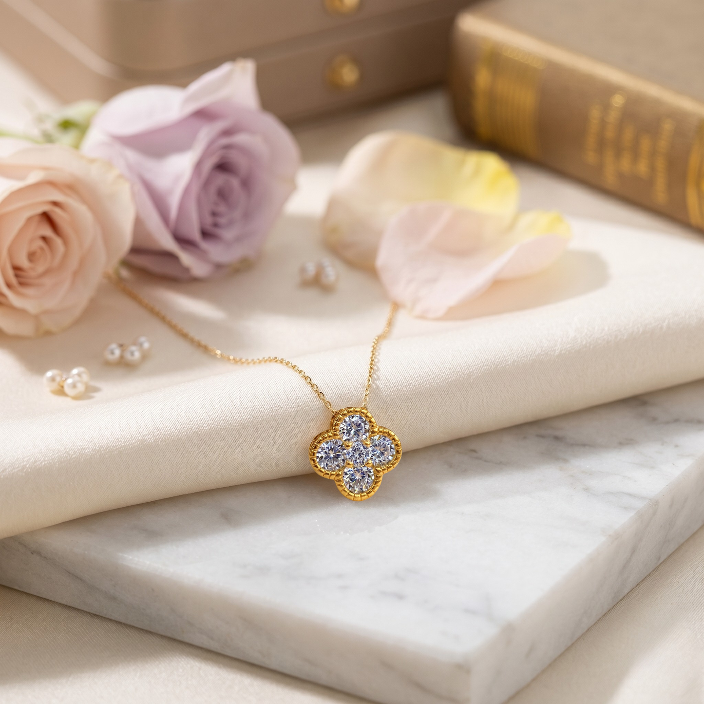 Stella 18k gold plated sterling silver S925 clover necklace with radiant zircon stones, elegant fine jewelry designed for timeless everyday luxury.