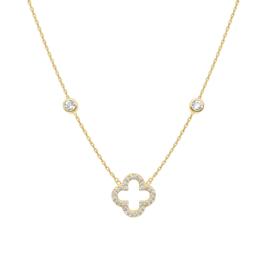 Close-up of the clover pendant crafted from sterling silver, 14K gold plated, and set with sparkling zircon stones. A fine jewelry necklace designed for elegant everyday wear.