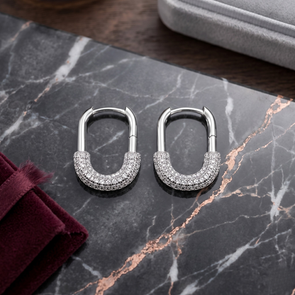 Sophisticated Ada Hoop Earrings in S925 sterling silver with premium rhodium plating, designed with a sleek oval hoop silhouette and brilliant pavé zircon detailing for radiant sparkle. These hypoallergenic silver statement earrings offer timeless elegance, tarnish resistance, and versatile luxury—perfect for elevating everyday outfits or adding refined shine to special occasion styling.
