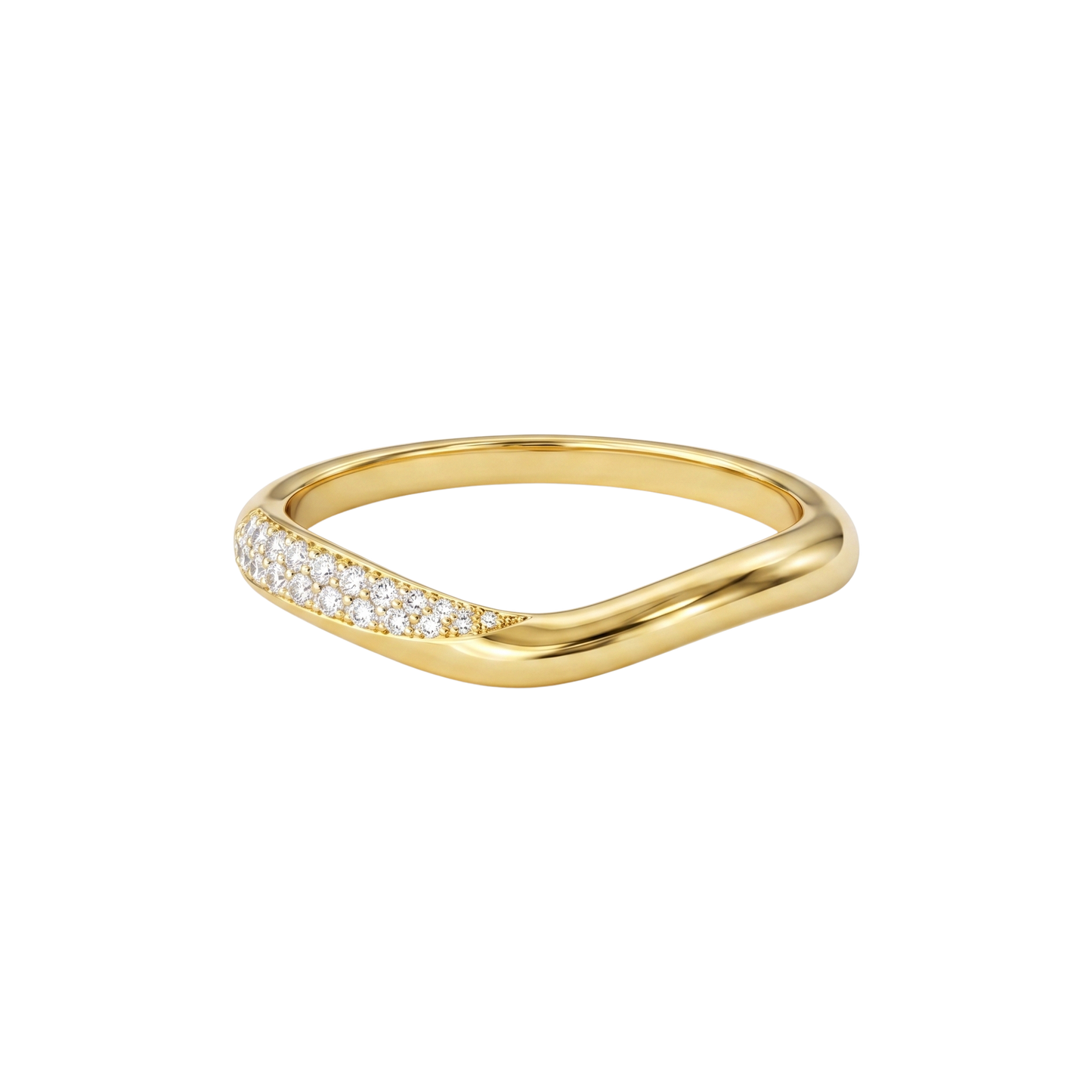 Elegant front view of Addison ring in 18K gold plated sterling silver featuring sparkling zircon stones in a minimalist wave band design.