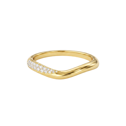 Elegant front view of Addison ring in 18K gold plated sterling silver featuring sparkling zircon stones in a minimalist wave band design.