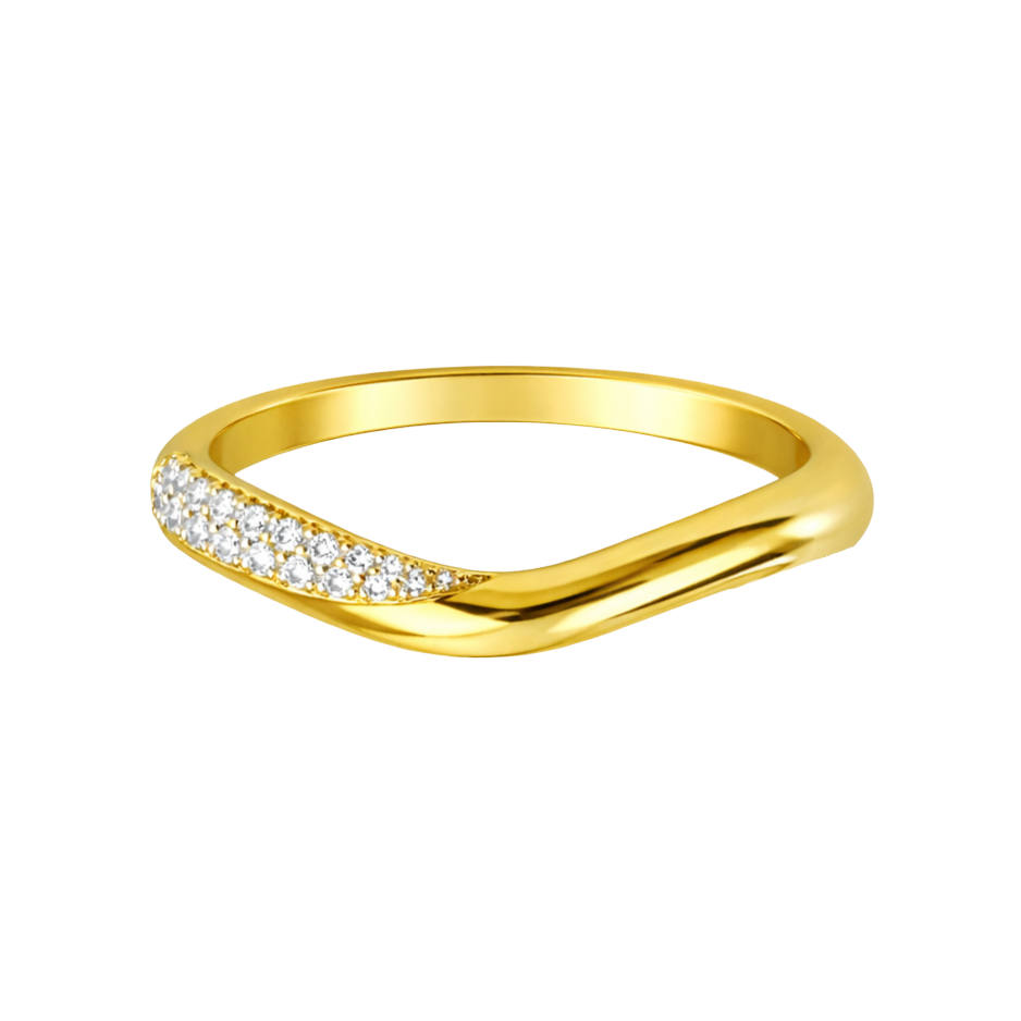 Elegant front view of Addison ring in 18K gold plated sterling silver featuring sparkling zircon stones in a minimalist wave band design.