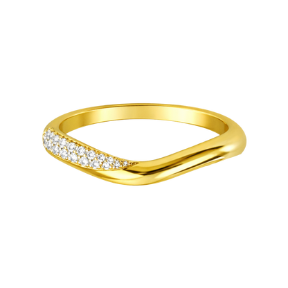 Elegant front view of Addison ring in 18K gold plated sterling silver featuring sparkling zircon stones in a minimalist wave band design.