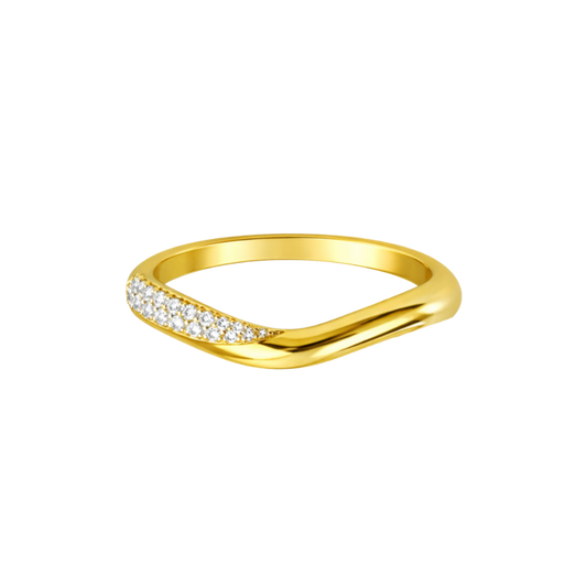 Elegant front view of Addison ring in 18K gold plated sterling silver featuring sparkling zircon stones in a minimalist wave band design.