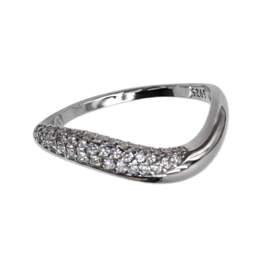 Close-up of zircon stone detailing on rhodium plated Addison sterling silver wave ring.