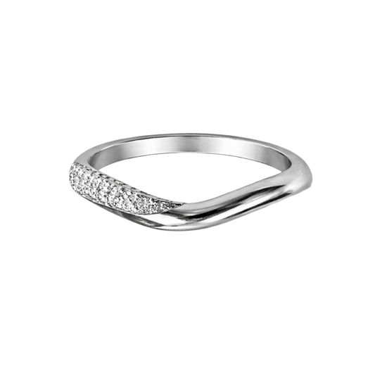 Rhodium plated S925 sterling silver Addison ring with delicate zircon accents in a modern curved band style.