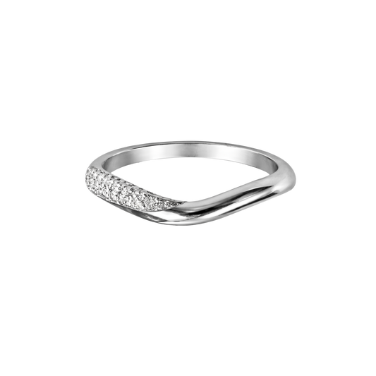 Rhodium plated S925 sterling silver Addison ring with delicate zircon accents in a modern curved band style.