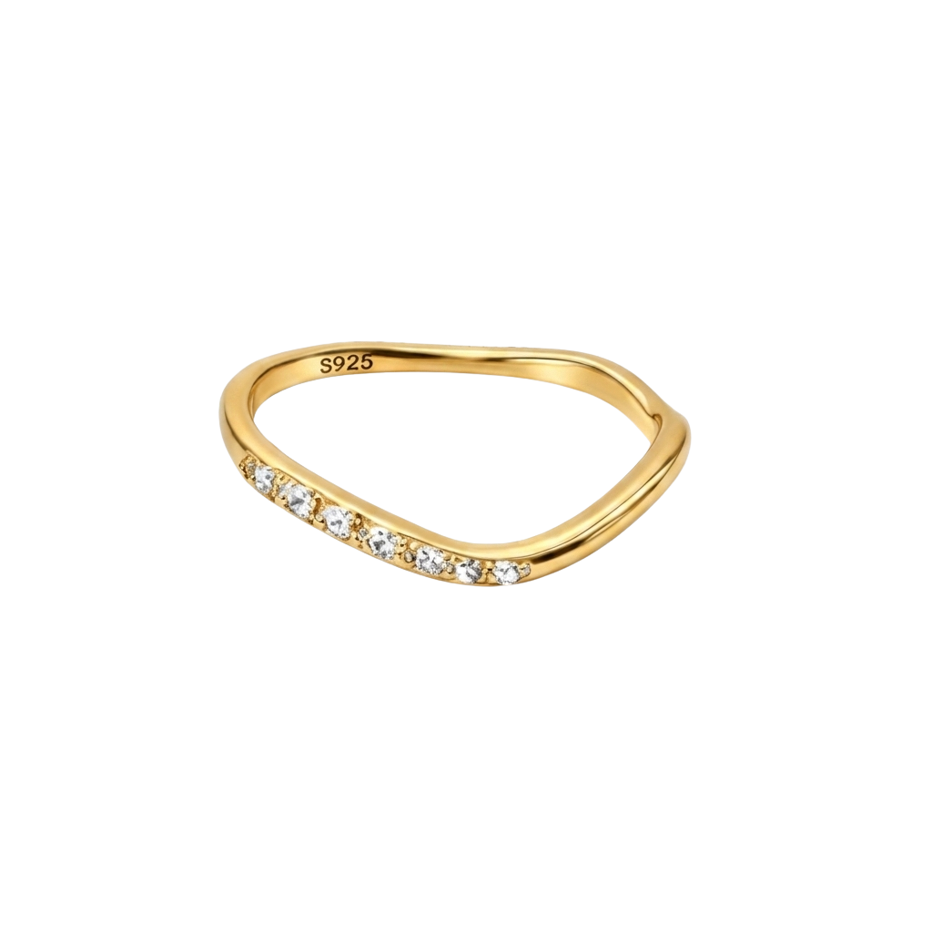 Macro shot focusing on the sparkling zircon stones set along the band.