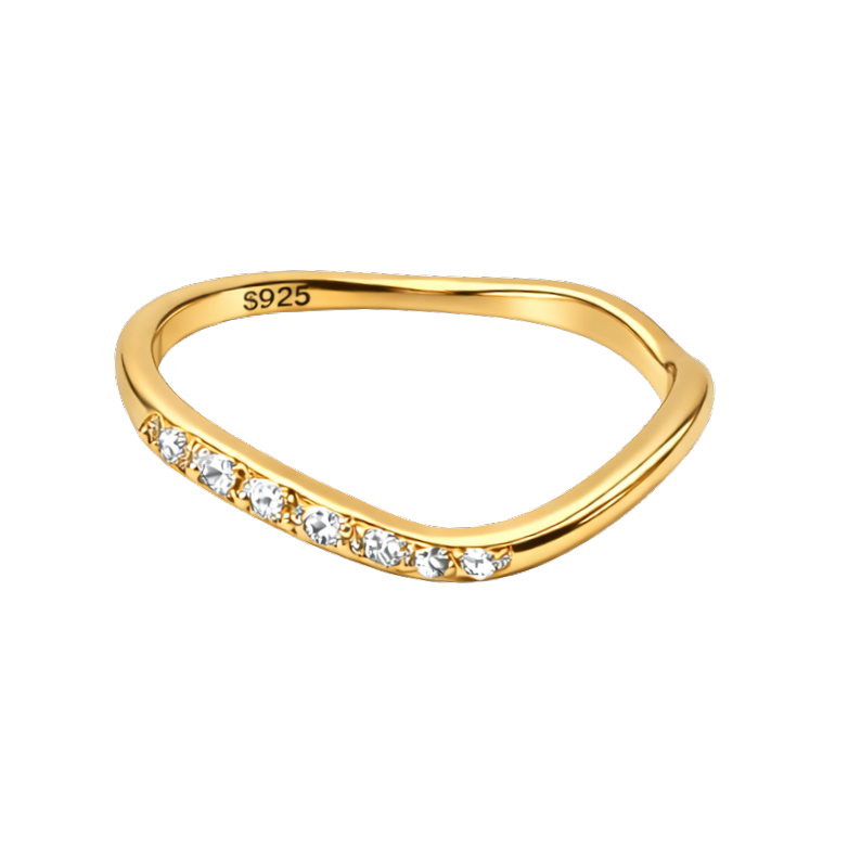 Macro shot focusing on the sparkling zircon stones set along the band.