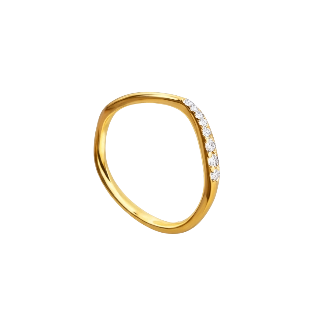 Side profile displaying the slim band design, perfect for stacking with other minimalist rings.