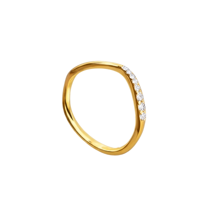 Side profile displaying the slim band design, perfect for stacking with other minimalist rings.