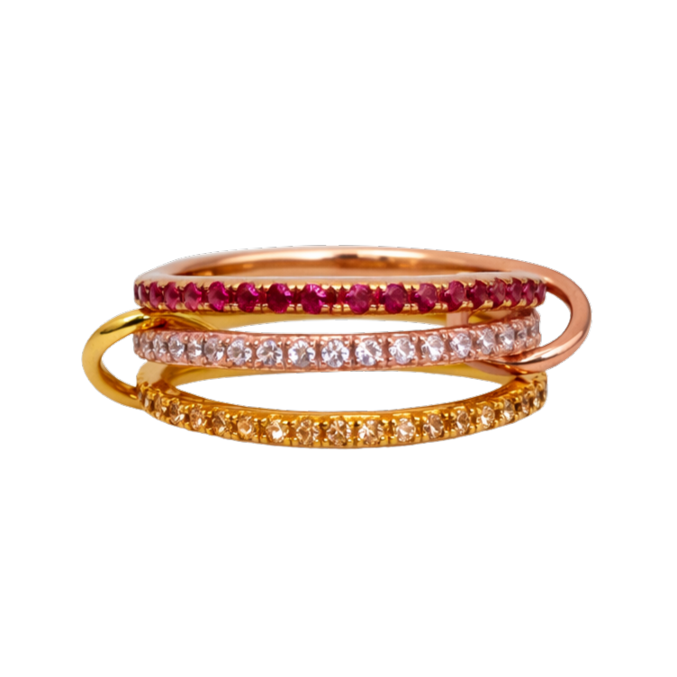 Showcases the slim pavé zircon band design with radiant 18K gold plated finish, highlighting its minimalist stackable elegance.