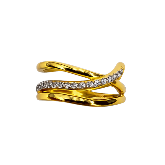 Front-facing view of the Harper Wave Crossover Ring showcasing the elegant 18K gold plated sterling silver design and pavé zircon detail.