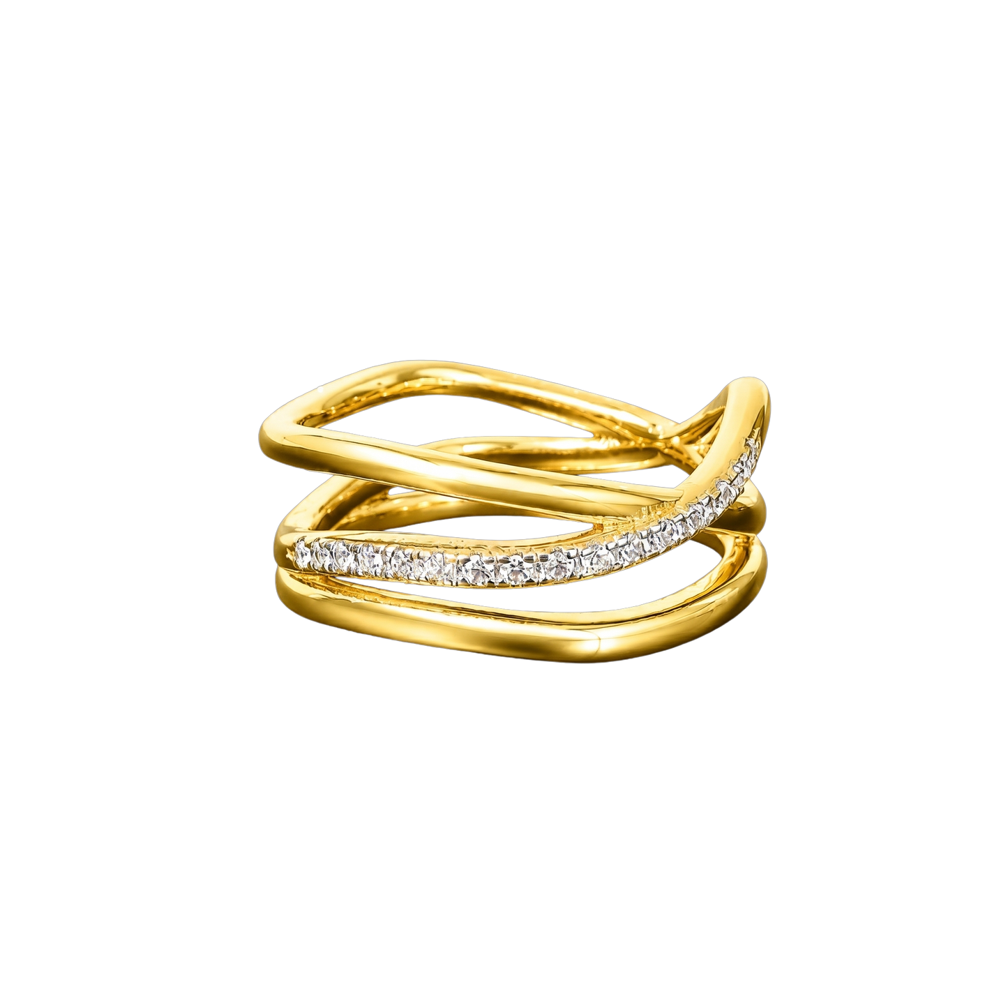Front-facing view of the Harper Wave Crossover Ring showcasing the elegant 18K gold plated sterling silver design and pavé zircon detail.