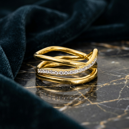 Studio-lit product image capturing the reflective shine and sculptural elegance of the Harper ring.