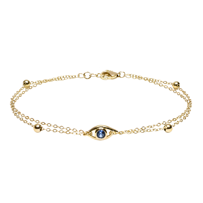 Full product image of the Lea S925 sterling silver bracelet with 14K gold plating, featuring a sleek evil eye design and double chain detail.