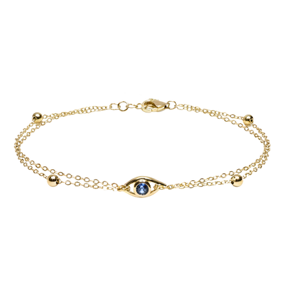 Full product image of the Lea S925 sterling silver bracelet with 14K gold plating, featuring a sleek evil eye design and double chain detail.