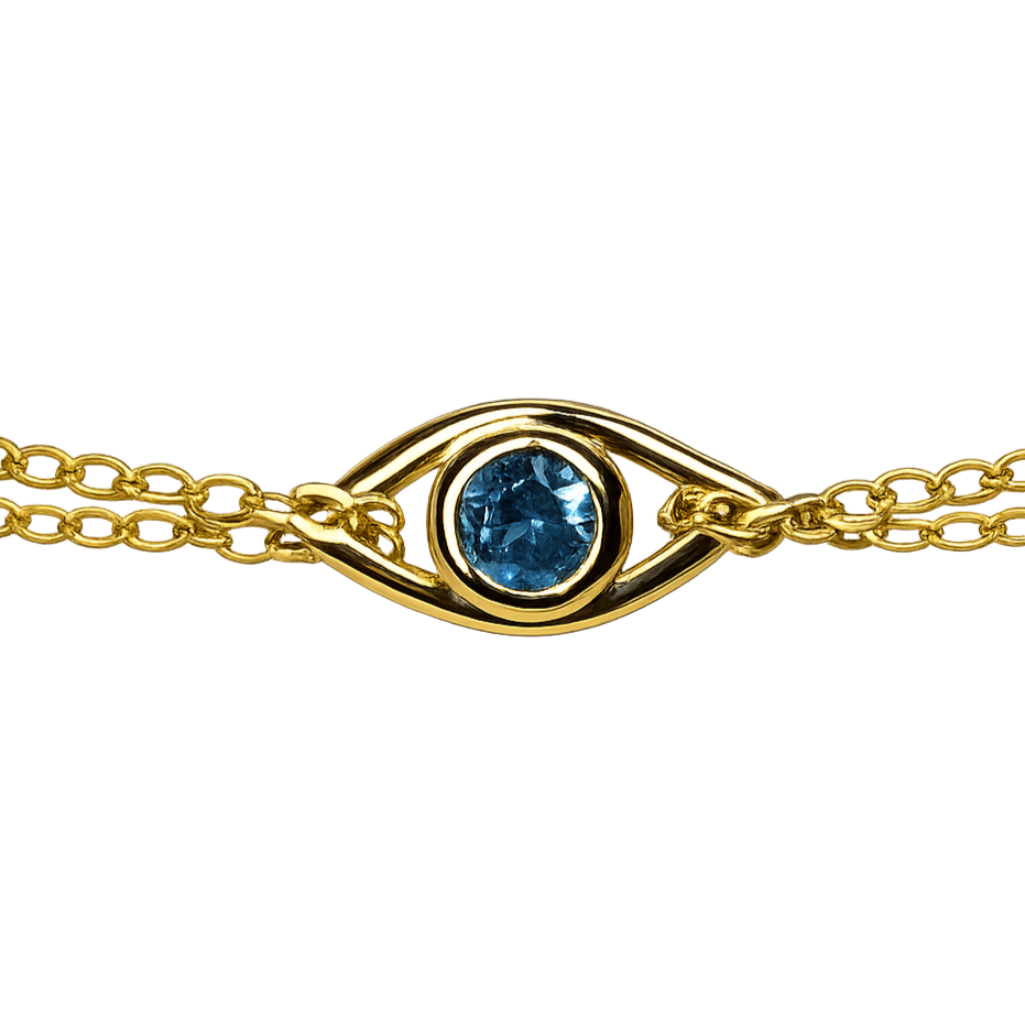 Close-up view of the gold plated evil eye centerpiece with blue stone, highlighting fine craftsmanship and polished finish.