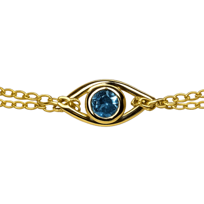 Close-up view of the gold plated evil eye centerpiece with blue stone, highlighting fine craftsmanship and polished finish.