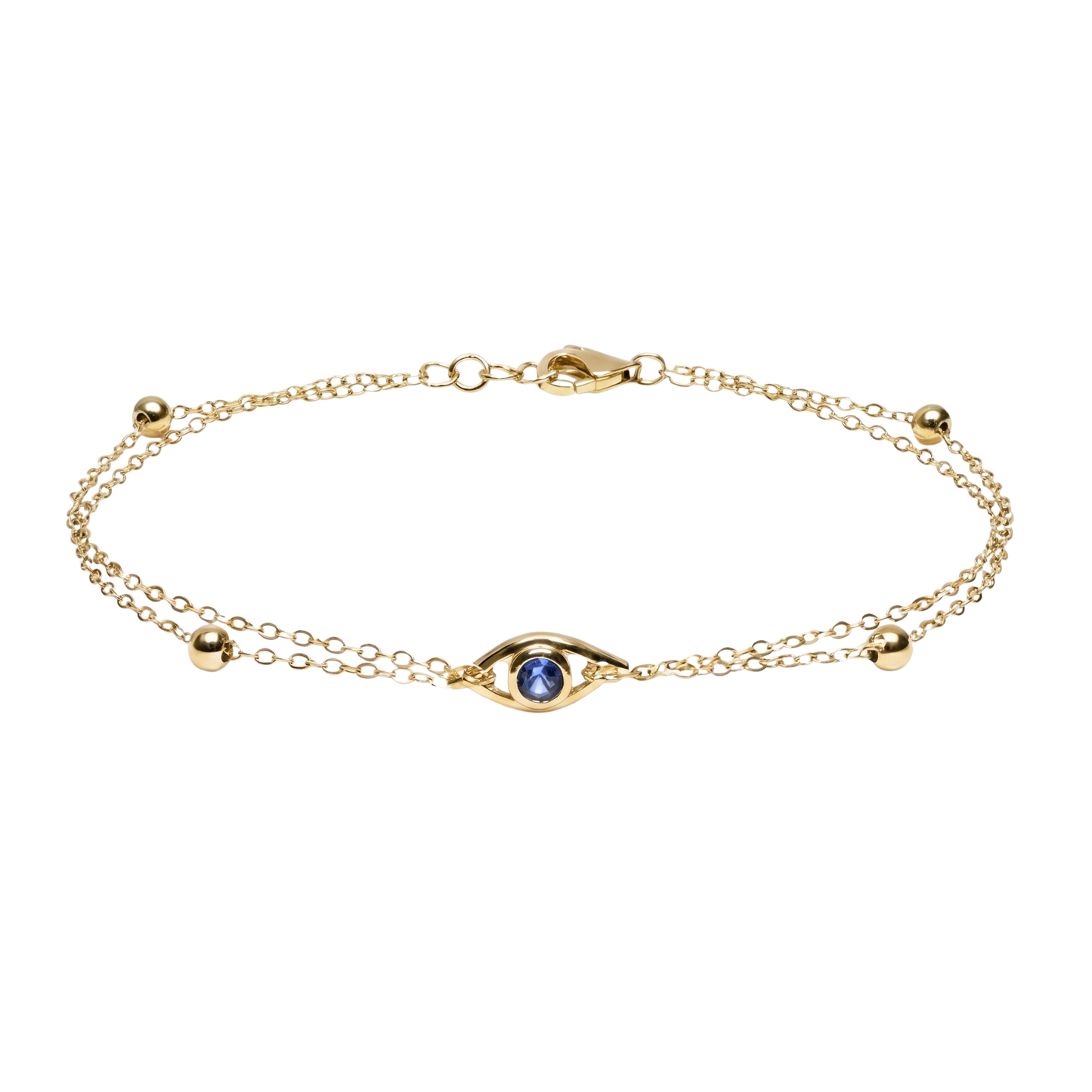 Full product image of the Lea S925 sterling silver bracelet with 14K gold plating, featuring a sleek evil eye design and double chain detail.