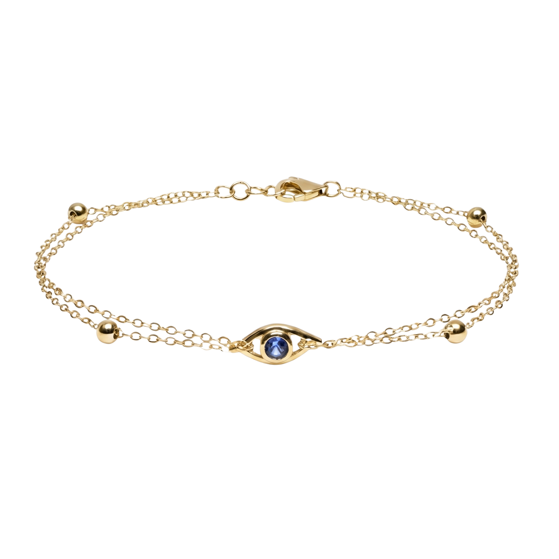 Full product image of the Lea S925 sterling silver bracelet with 14K gold plating, featuring a sleek evil eye design and double chain detail.