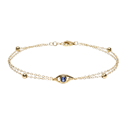 Full product image of the Lea S925 sterling silver bracelet with 14K gold plating, featuring a sleek evil eye design and double chain detail.