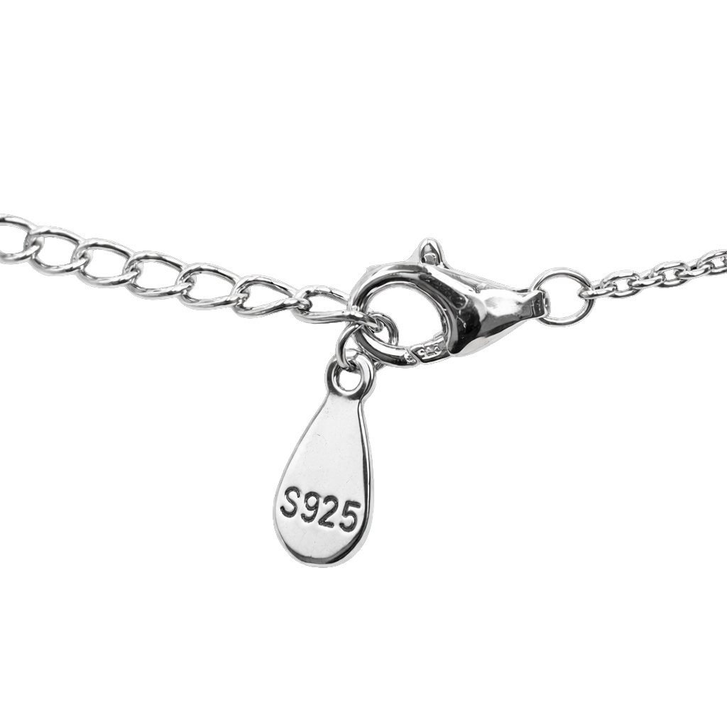 Angled view of Lucy sterling silver jewelry necklace highlighting the elegant interlocking design and subtle zircon sparkle, perfect for layering or wearing alone.