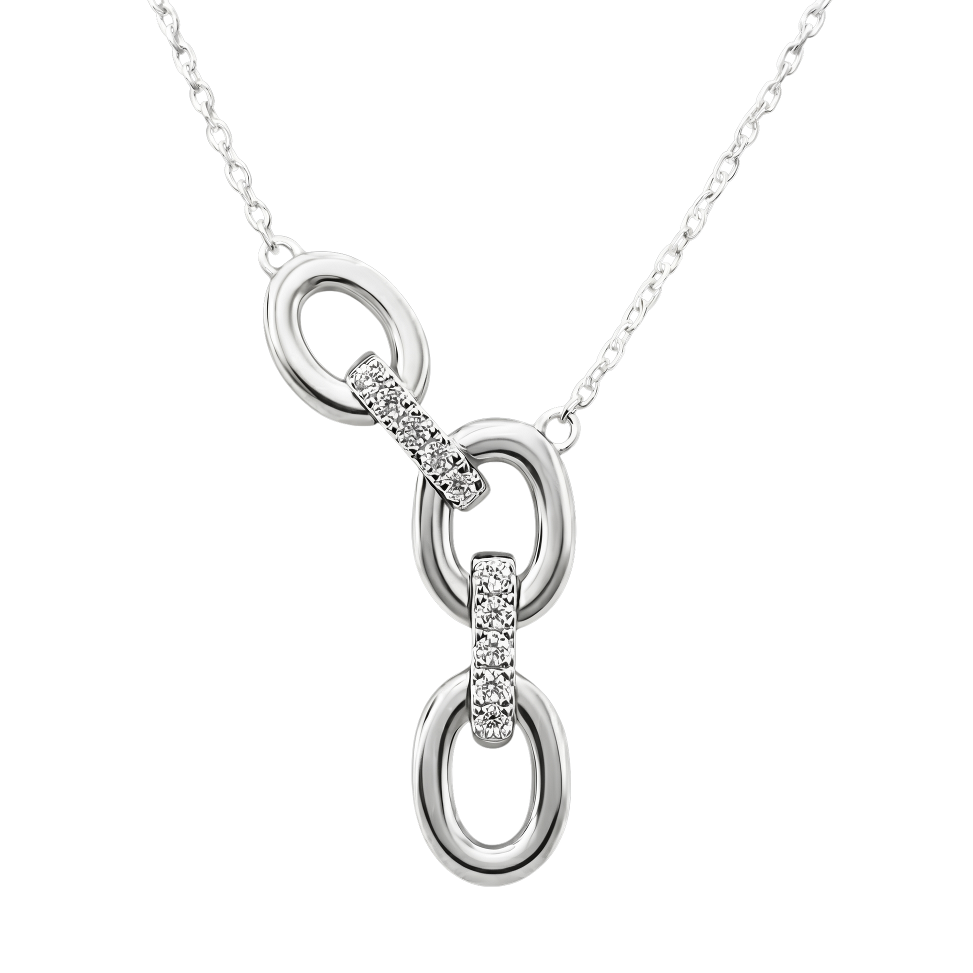 Close-up detail of the Lucy silver necklace showing brilliant zircon stones set into polished sterling silver links with rhodium plating for extra shine and durability.