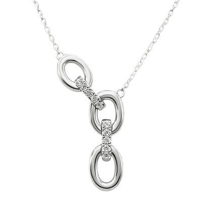 Close-up detail of the Lucy silver necklace showing brilliant zircon stones set into polished sterling silver links with rhodium plating for extra shine and durability.