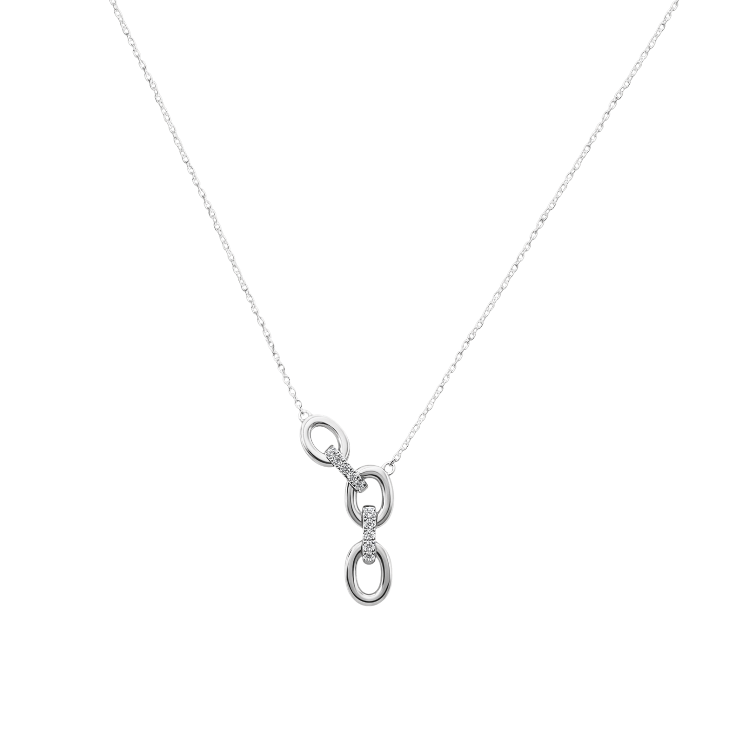 Silver necklace with a small pendant on a white background