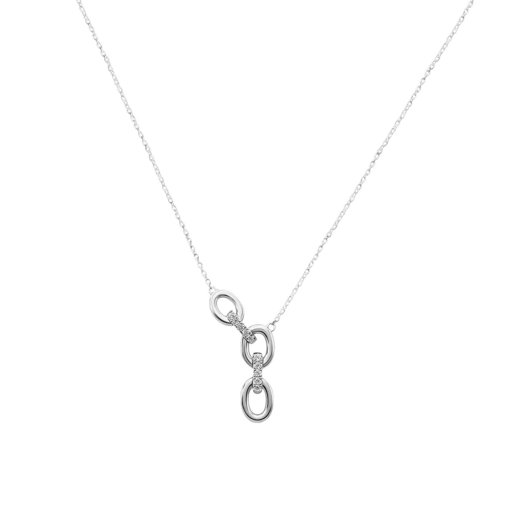 Silver necklace with a small pendant on a white background