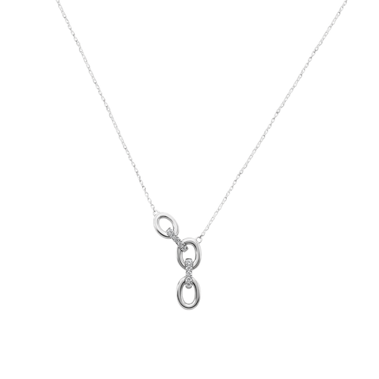 Silver necklace with a small pendant on a white background