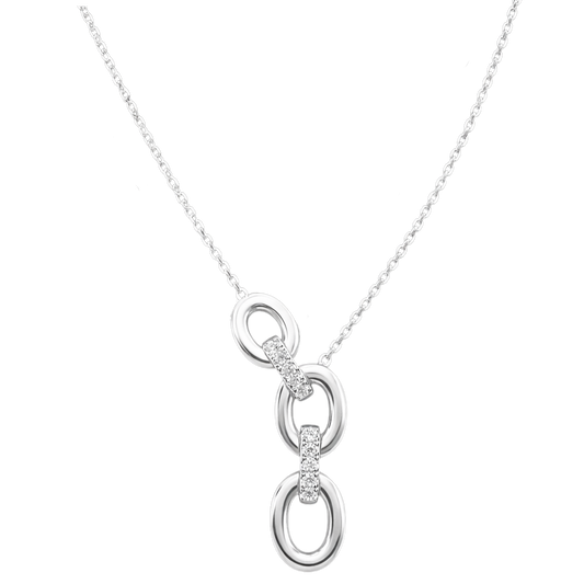 Front view of Lucy interlocking sterling silver necklace featuring rhodium plated oval links with sparkling zircon accents. Modern minimalist silver jewelry for everyday elegance.